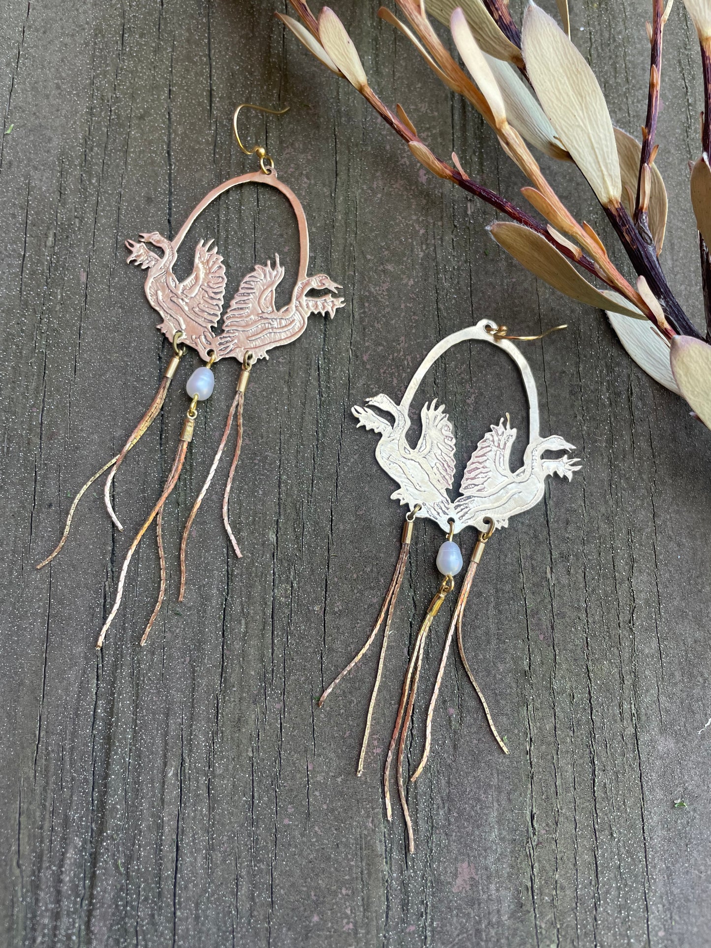 Etched Brass Swan Earrings with Pearl and Fringe snake chain