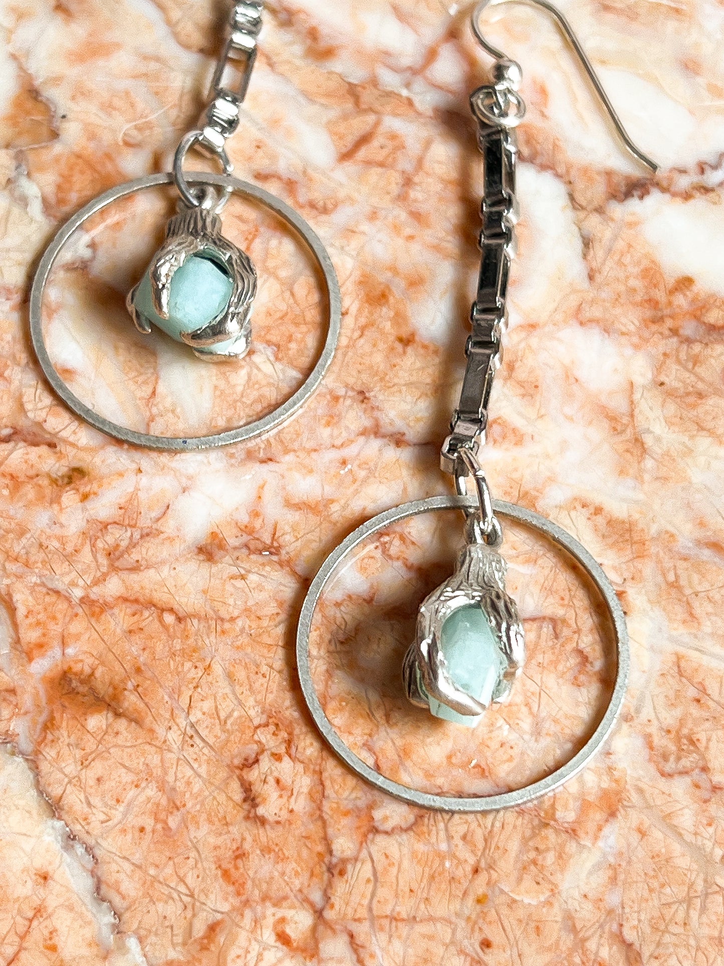 Silver Plated Brass Claw Clasped Amazonite Earrings With Stainless Chain and Sterling Ear Hooks