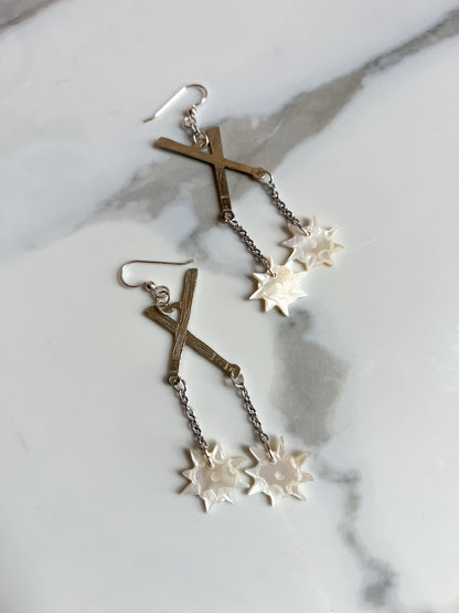 Etched Silver Crossed Flail Earrings with Hand-Carved Mother of Pearl Morning Stars