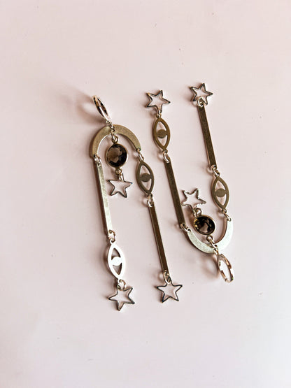 Silver Plated Eye and Star Collage Earrings with Smoky Quartz