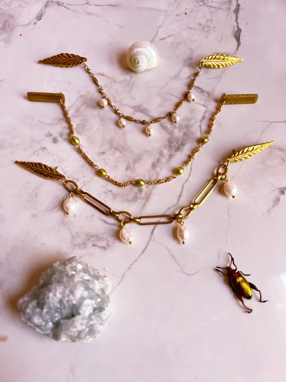 Antique Brass bar Collar Pins With olive green dyed pearls and Vintage Chain