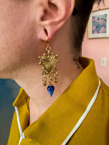 Brass and Deadstock Royal Blue Moonglow Lucite Bauble Earrings with Hearts and Spikes