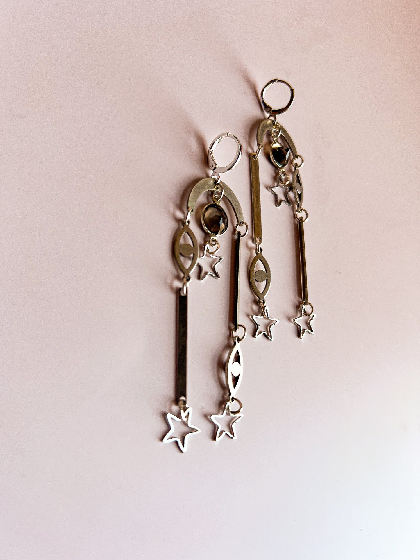 Silver Plated Eye and Star Collage Earrings with Smoky Quartz