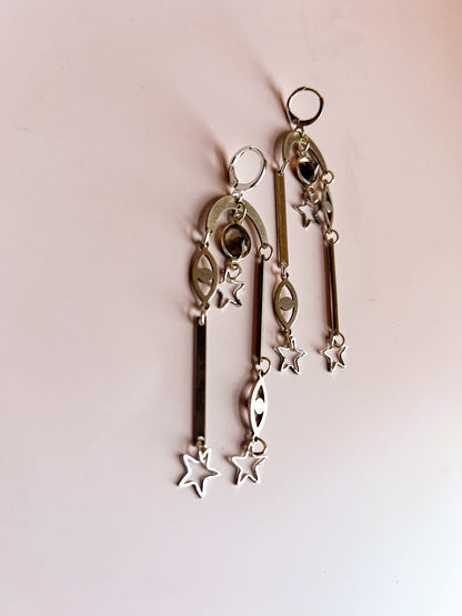 Silver Plated Eye and Star Collage Earrings with Smoky Quartz