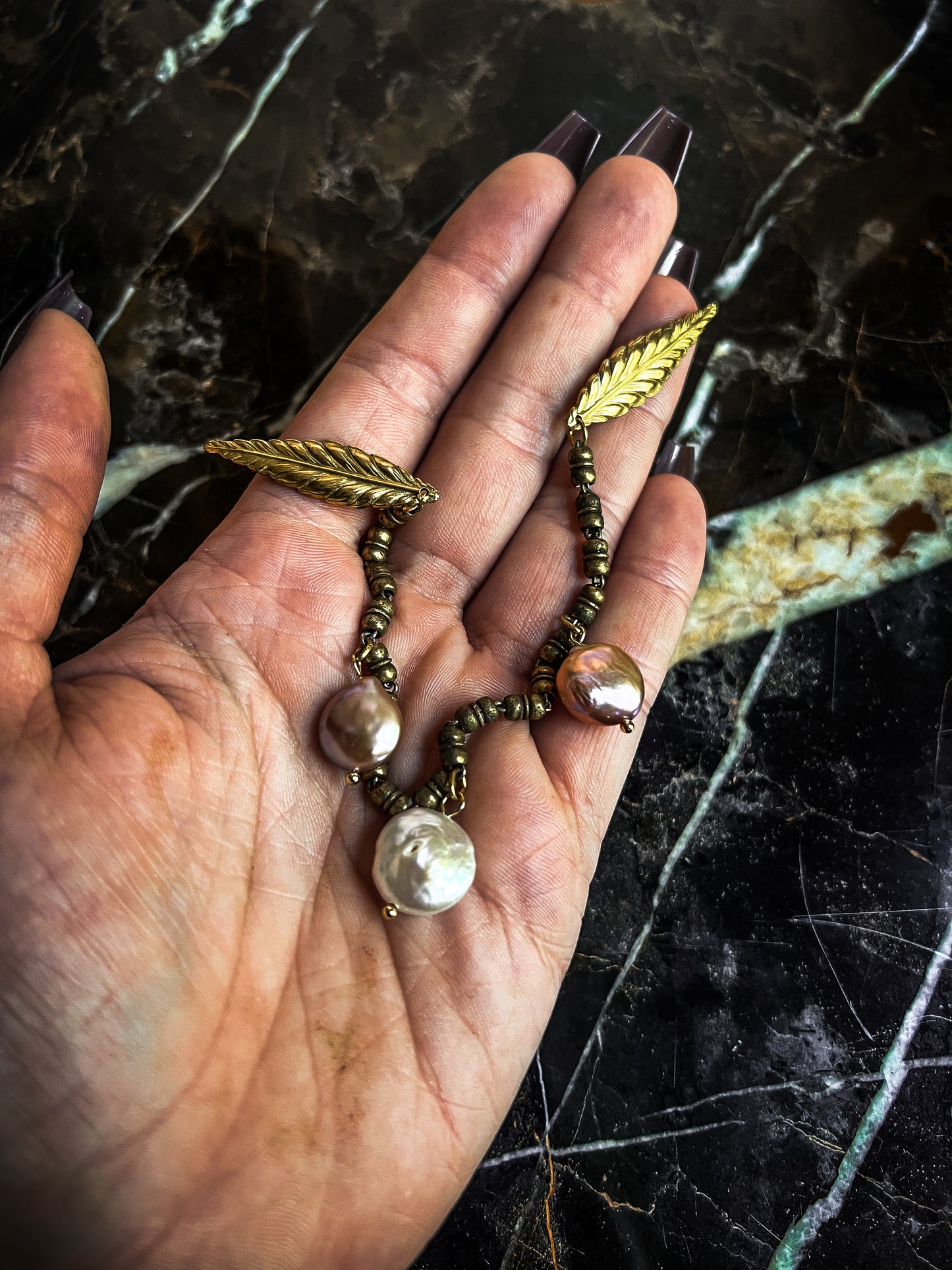 Antique Brass Leaf Collar Pins With peach and mauve pearls and Vintage Chain