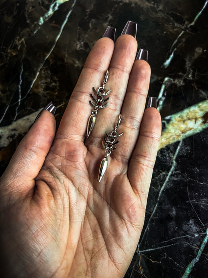 Silver plated brass fishbone chain earrings with vintage pewter spikes and sterling silver mini hoops