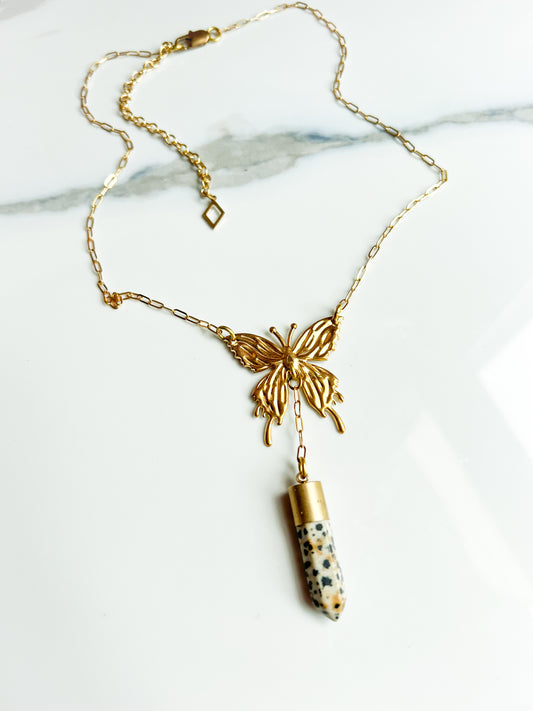 Brass Abstract Butterfly Necklace with Dalmatian Jasper Point