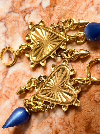 Brass and Deadstock Royal Blue Moonglow Lucite Bauble Earrings with Hearts and Spikes