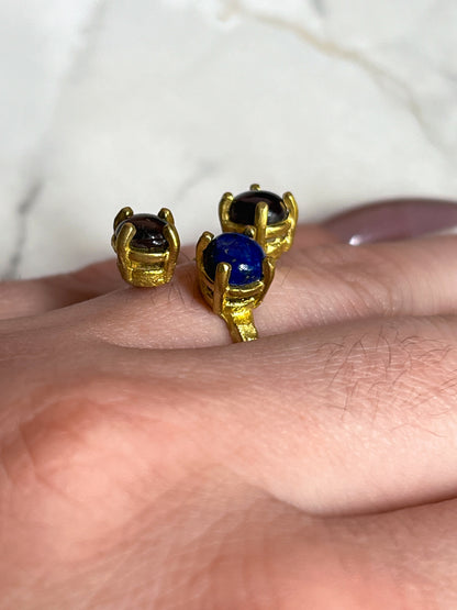 Brass Open Band Hammered Garnet Smokey Quartz and Lapis Ring