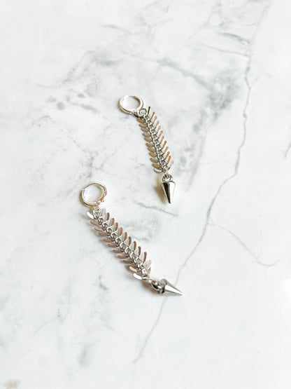 Silver plated brass fishbone chain earrings with vintage pewter spikes and sterling silver mini hoops