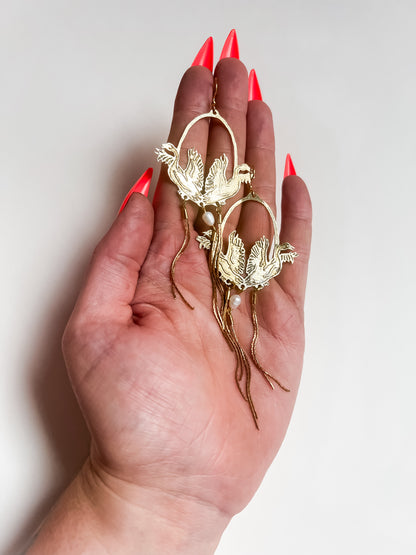 Etched Brass Swan Earrings with Pearl and Fringe snake chain