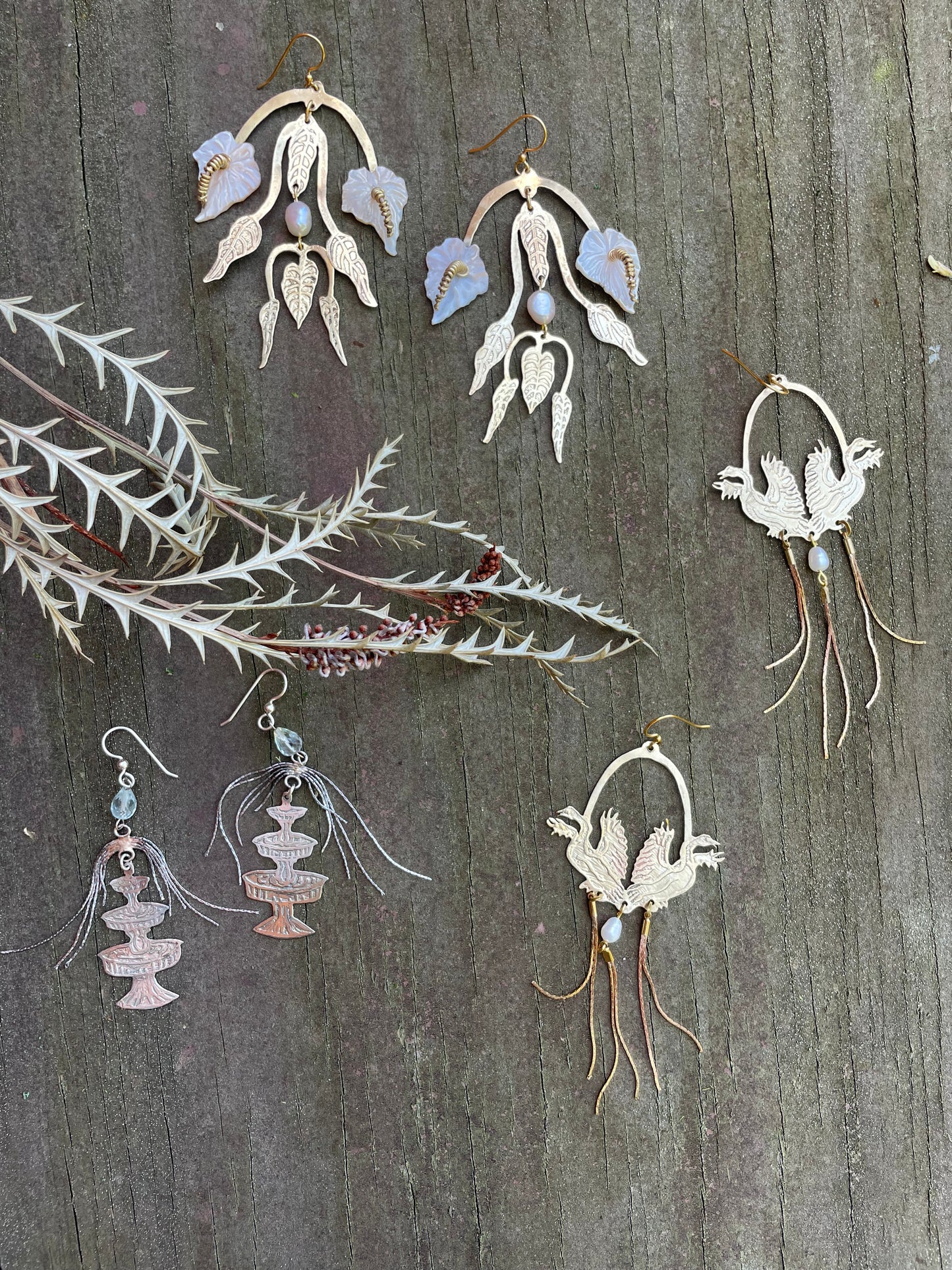 Etched Brass Anthurium Flower Earrings with Hand-Carved Mother of Pearl Flowers