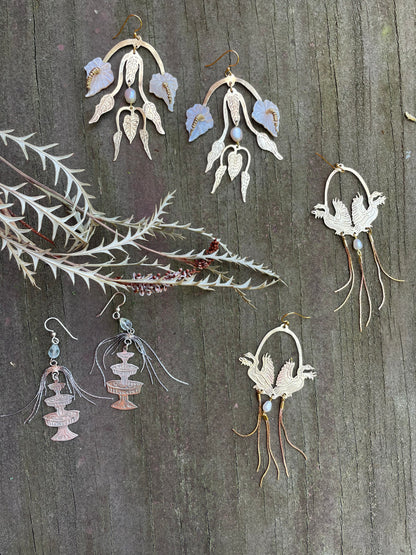 Etched Brass Anthurium Flower Earrings with Hand-Carved Mother of Pearl Flowers