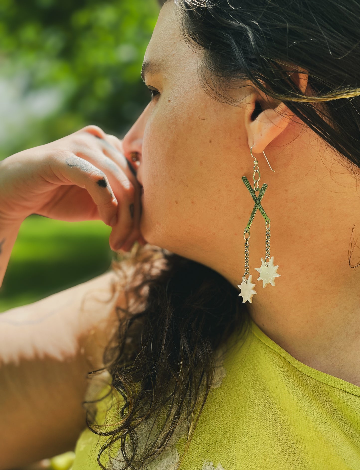 Etched Silver Crossed Flail Earrings with Hand-Carved Mother of Pearl Morning Stars