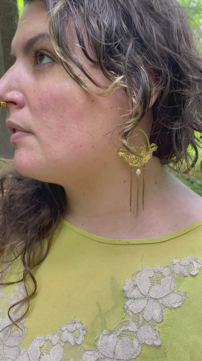 Etched Brass Swan Earrings with Pearl and Fringe snake chain