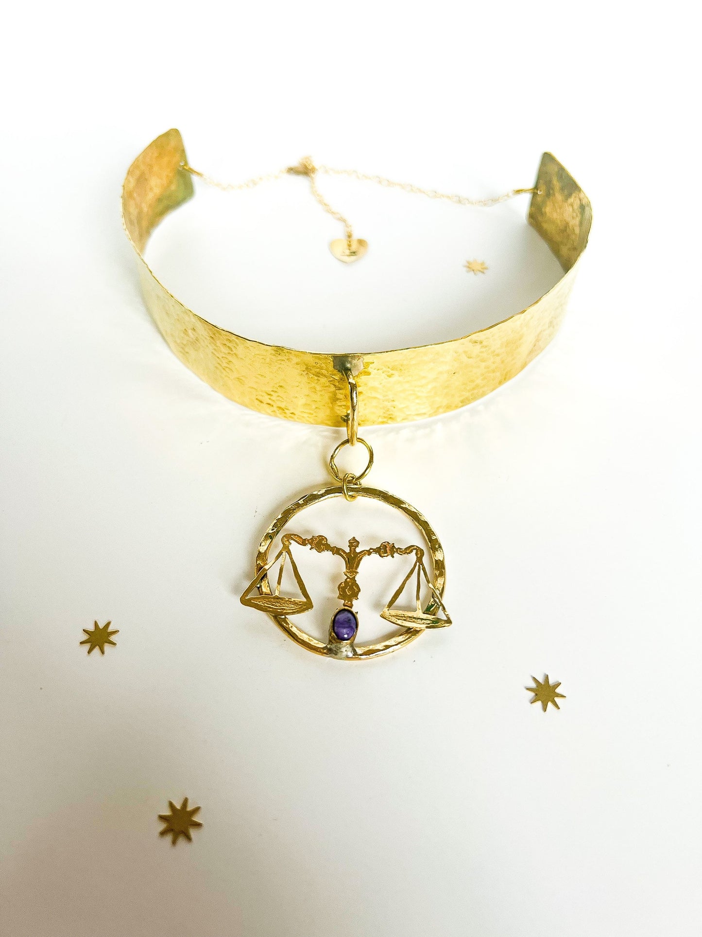 Libra Charoite Brass Hammered Choker Collar with Adjustable Chain