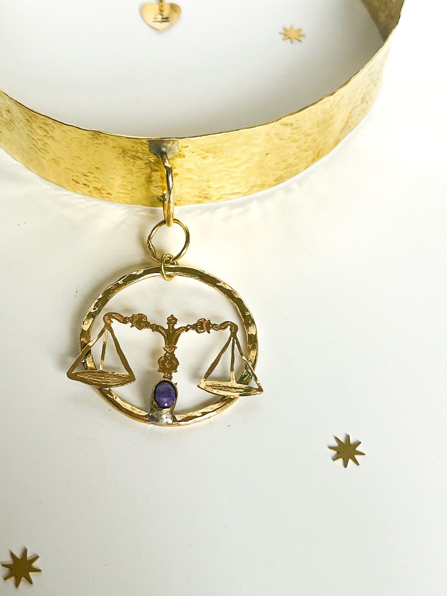 Libra Charoite Brass Hammered Choker Collar with Adjustable Chain