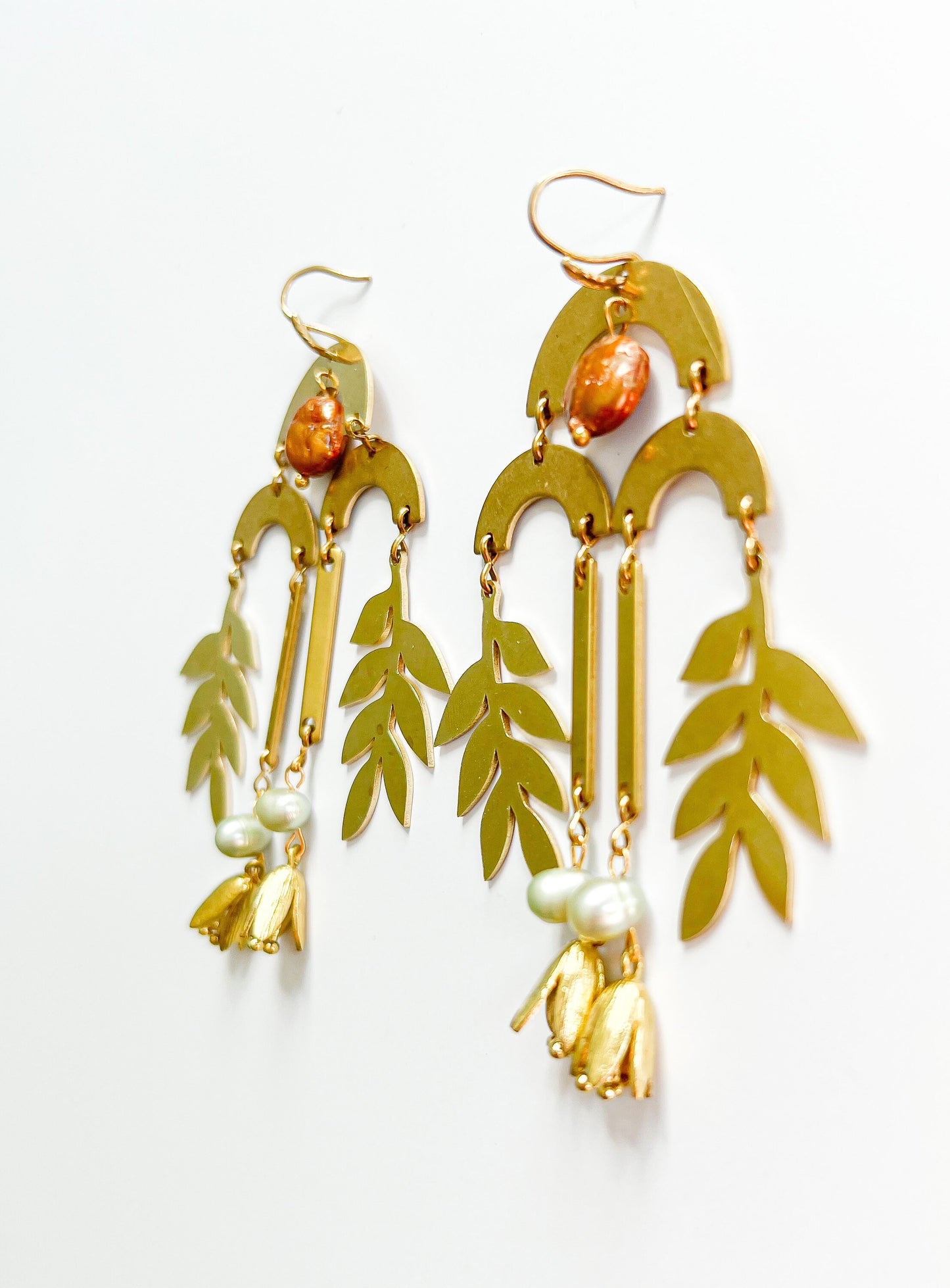 Bronze Coin Pearl and Light Green Pearl Leaf and Flower Charm Fringe Chandelier Earrings