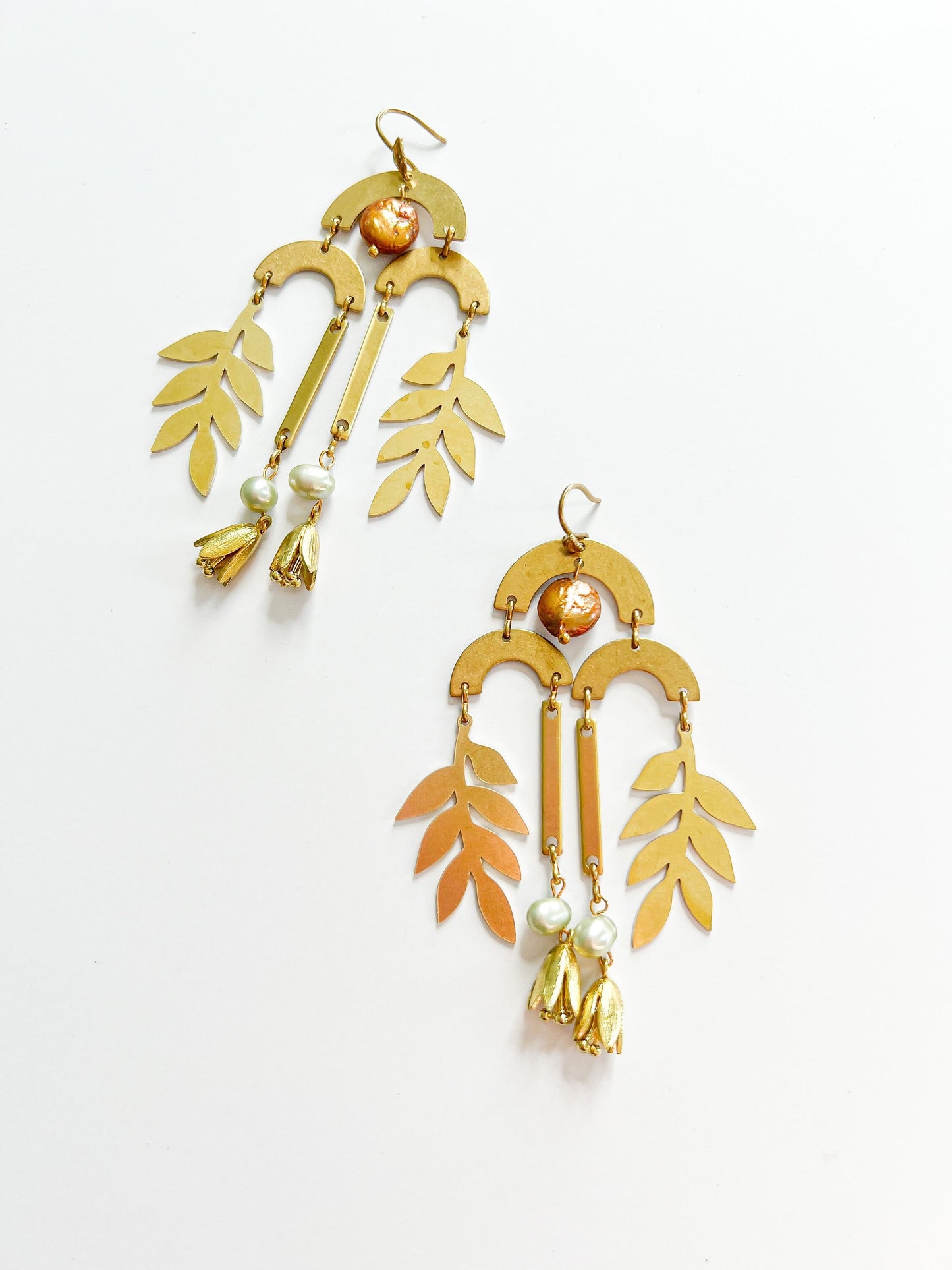 Bronze Coin Pearl and Light Green Pearl Leaf and Flower Charm Fringe Chandelier Earrings