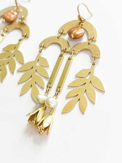 Bronze Coin Pearl and Light Green Pearl Leaf and Flower Charm Fringe Chandelier Earrings